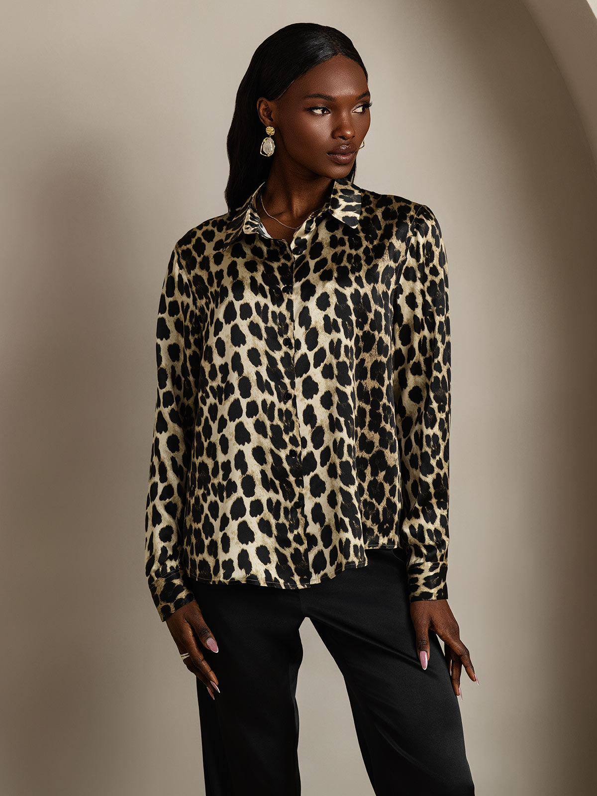 SilkSilky 19Momme Silk Leopard Print Long Sleeve Lapel Collar Women's Shirt, Leopard / S SilkSilky 19Momme Silk Leopard Print Long Sleeve Lapel Collar Women's Shirt, Leopard / S
