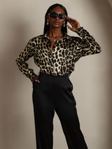 [Leopard] SilkSilky  Silk Long Sleeve Lapel Collar Women's Shirt 005