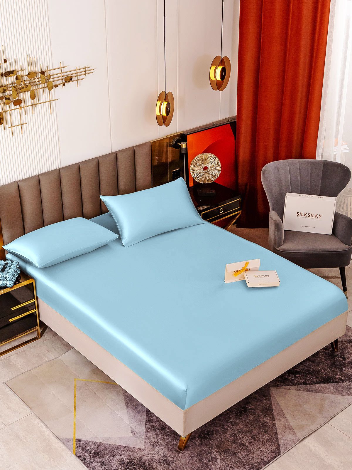 [Light Blue] SilkSilky 19Momme Pure Silk Bedding Set 001