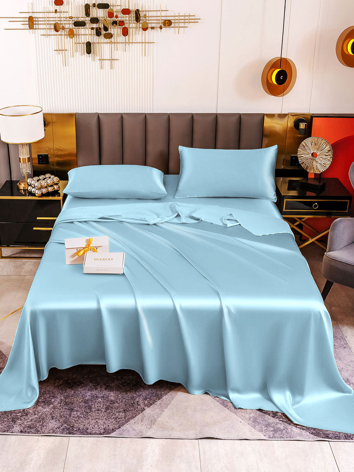 [Light Blue] SilkSilky 19Momme Pure Silk Bedding Set 002