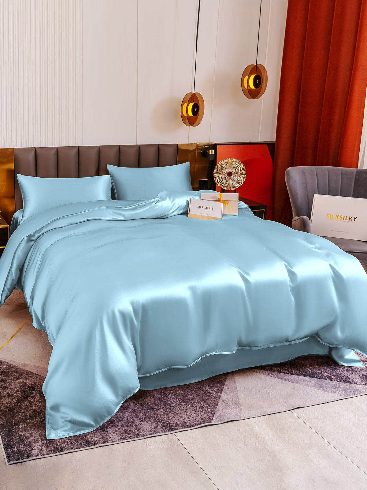 [Light Blue] SilkSilky 19Momme Pure Silk Bedding Set 004