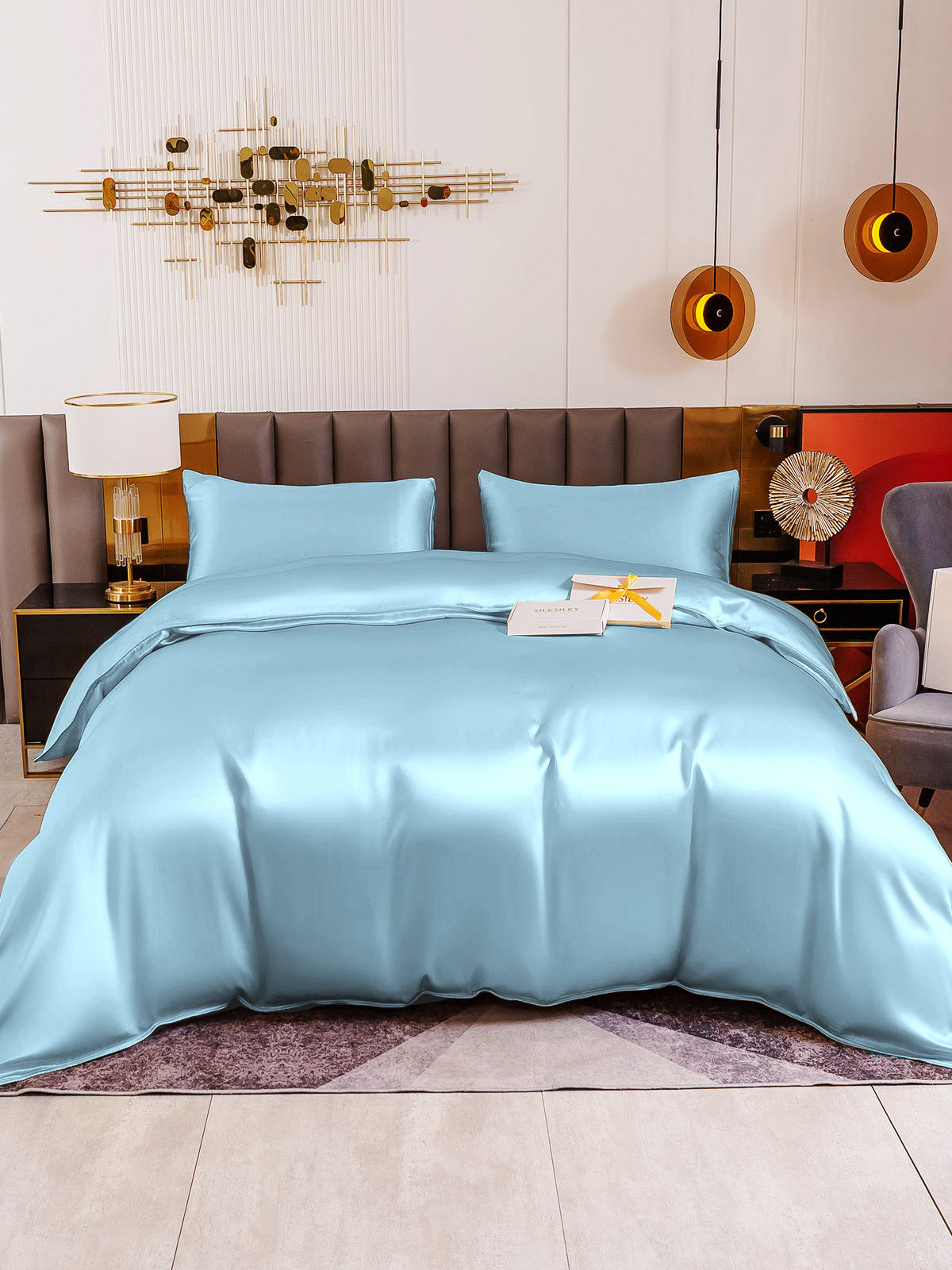 [Light Blue] SilkSilky 19Momme Pure Silk Bedding Set 005