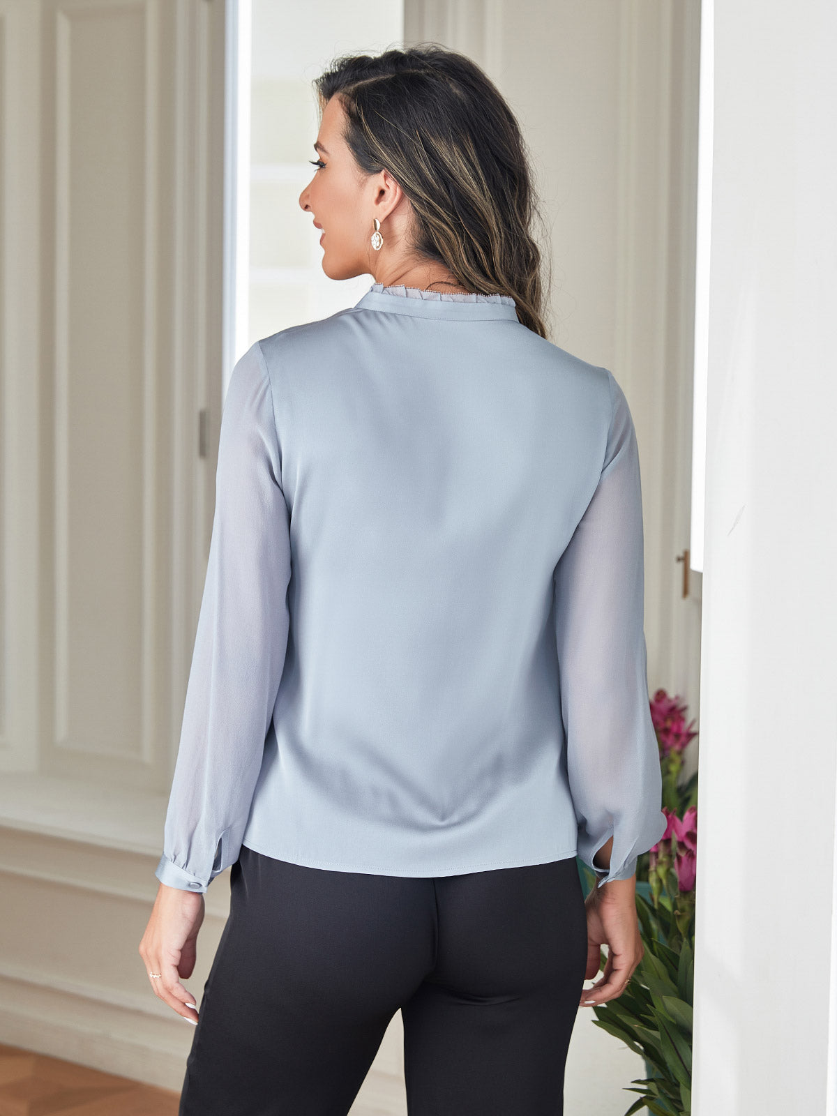 [Light Blue] SilkSilky 19Momme Silk Long Sleeve Stand Collar Women's Shirt 002