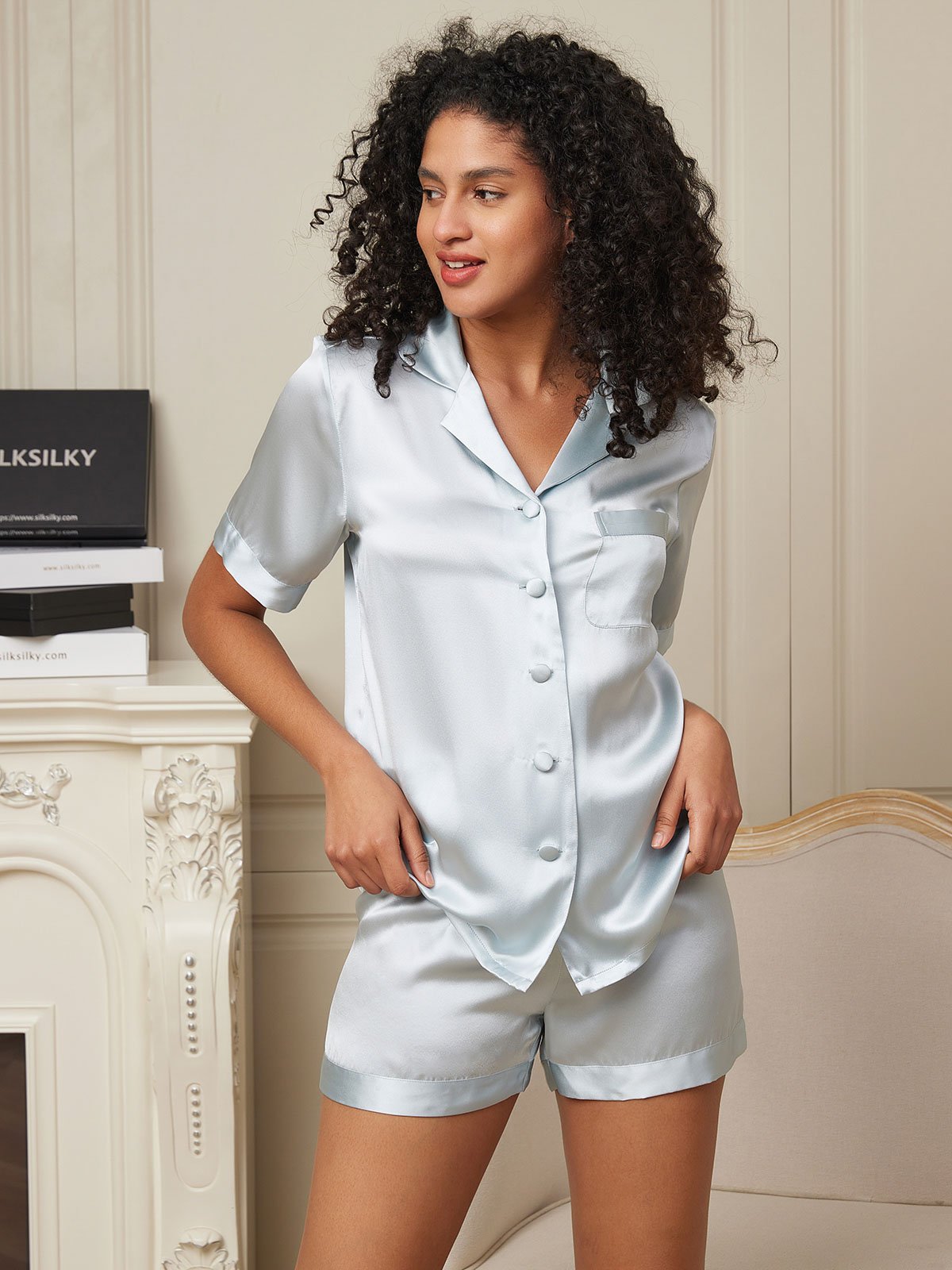 [Light Blue] SilkSilky Pure Silk Short Sleeve Womens Pajamas 003