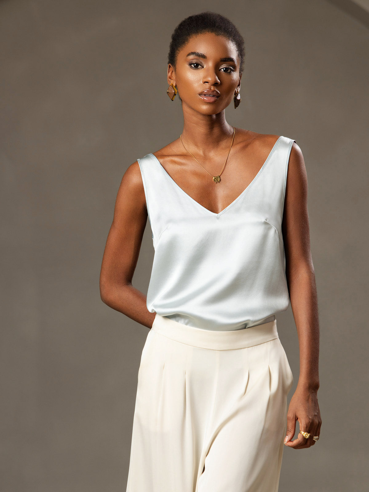 [Light Blue] SilkSilky Pure Silk Sleeveless V Neck Camisole Top 001