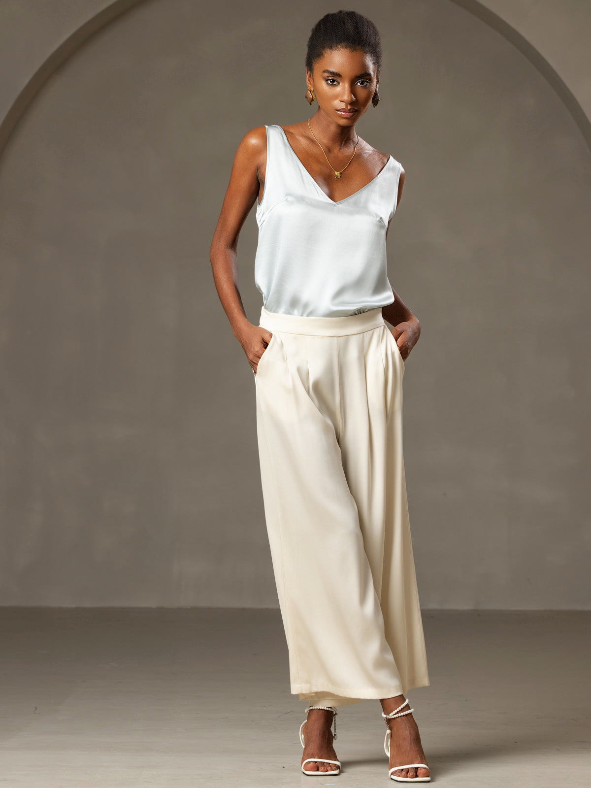 [Light Blue] SilkSilky Pure Silk Sleeveless V Neck Camisole Top 005