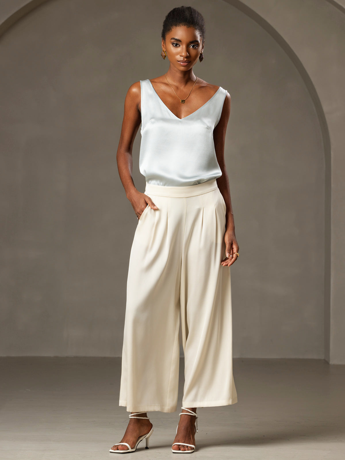 [Light Blue] SilkSilky Pure Silk Sleeveless V Neck Camisole Top 006