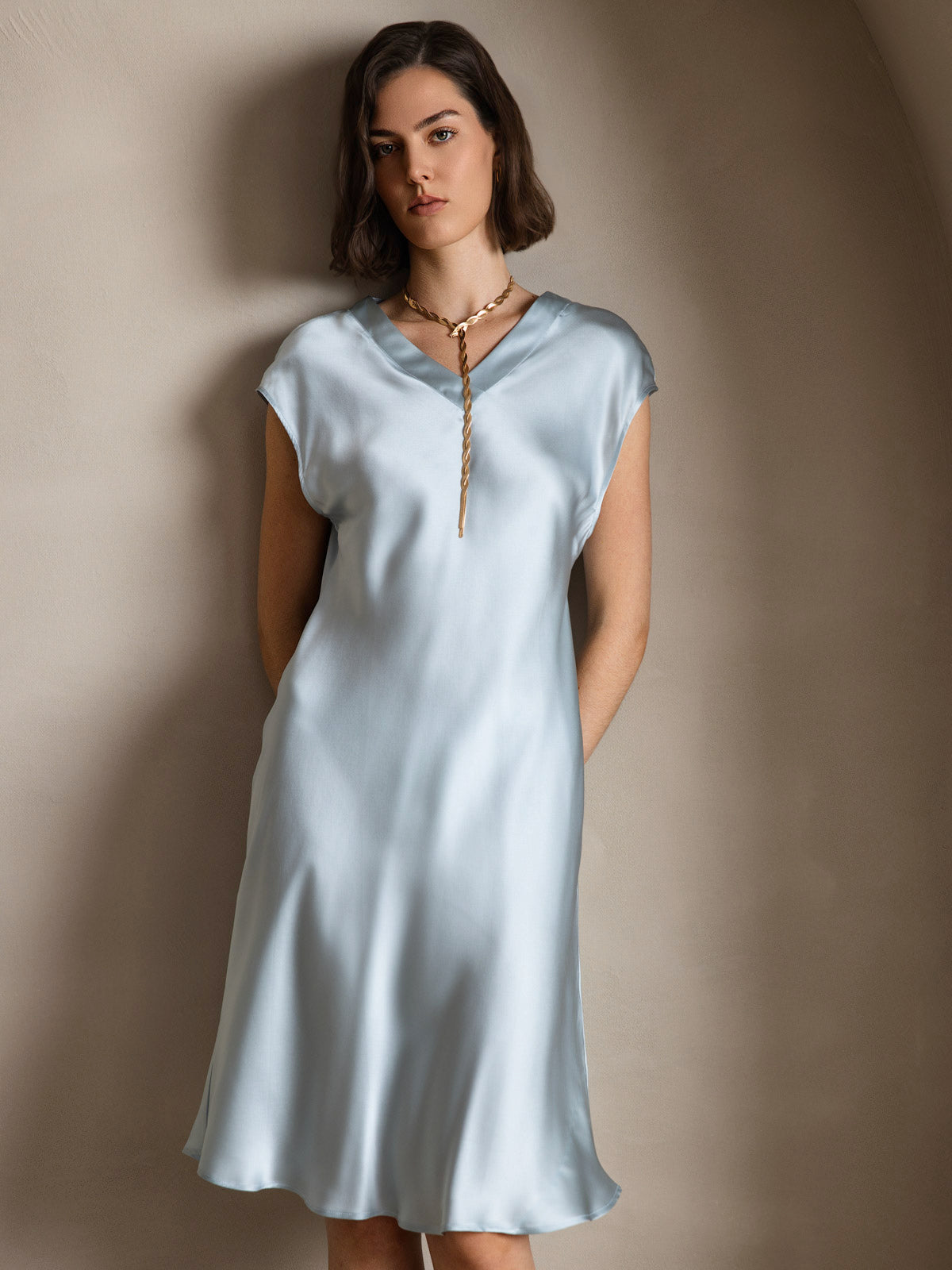 [Light Blue] SilkSilky Pure Silk Sleeveless V Neck Dress 003