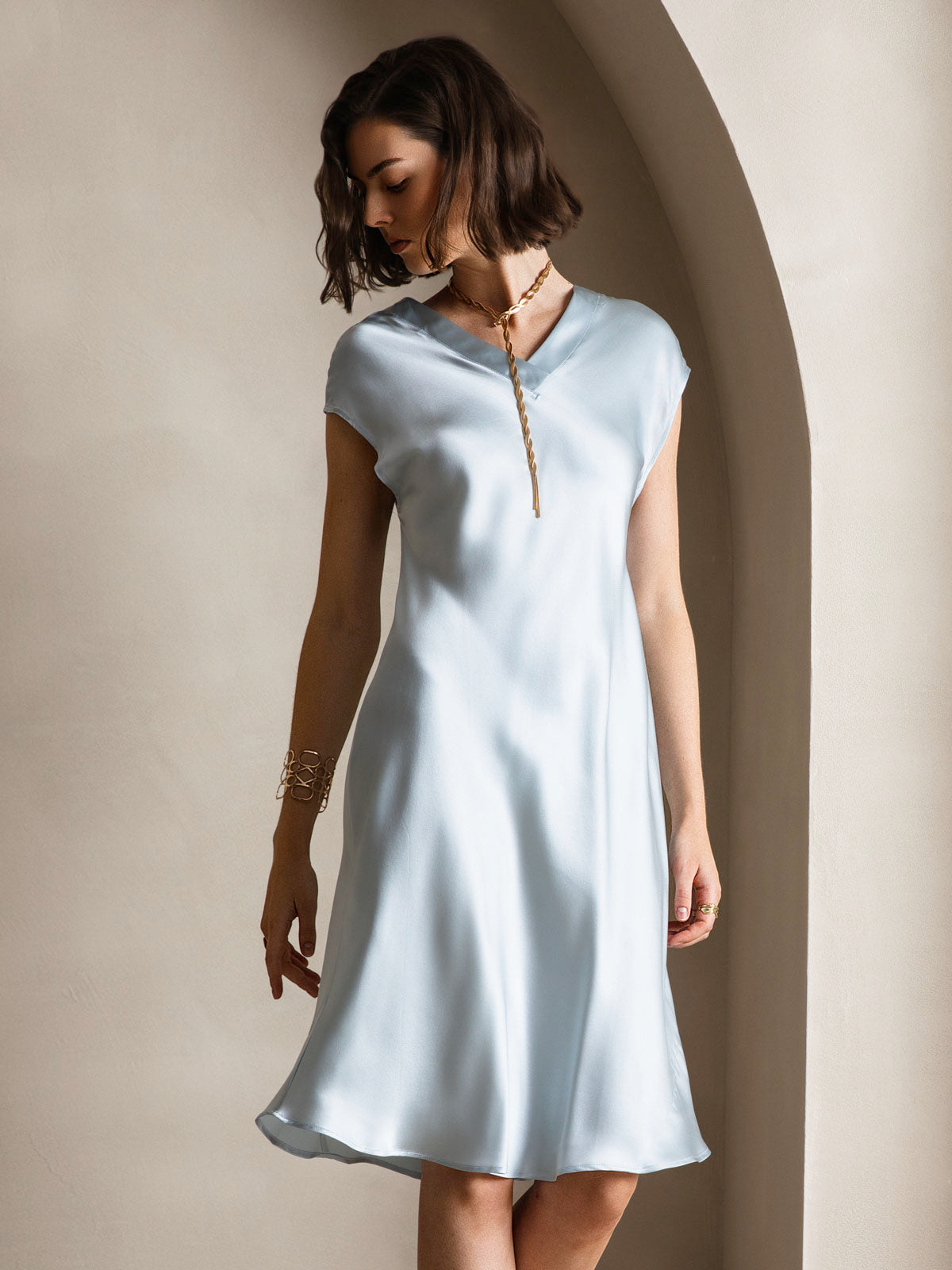 [Light Blue] SilkSilky Pure Silk Sleeveless V Neck Dress 004