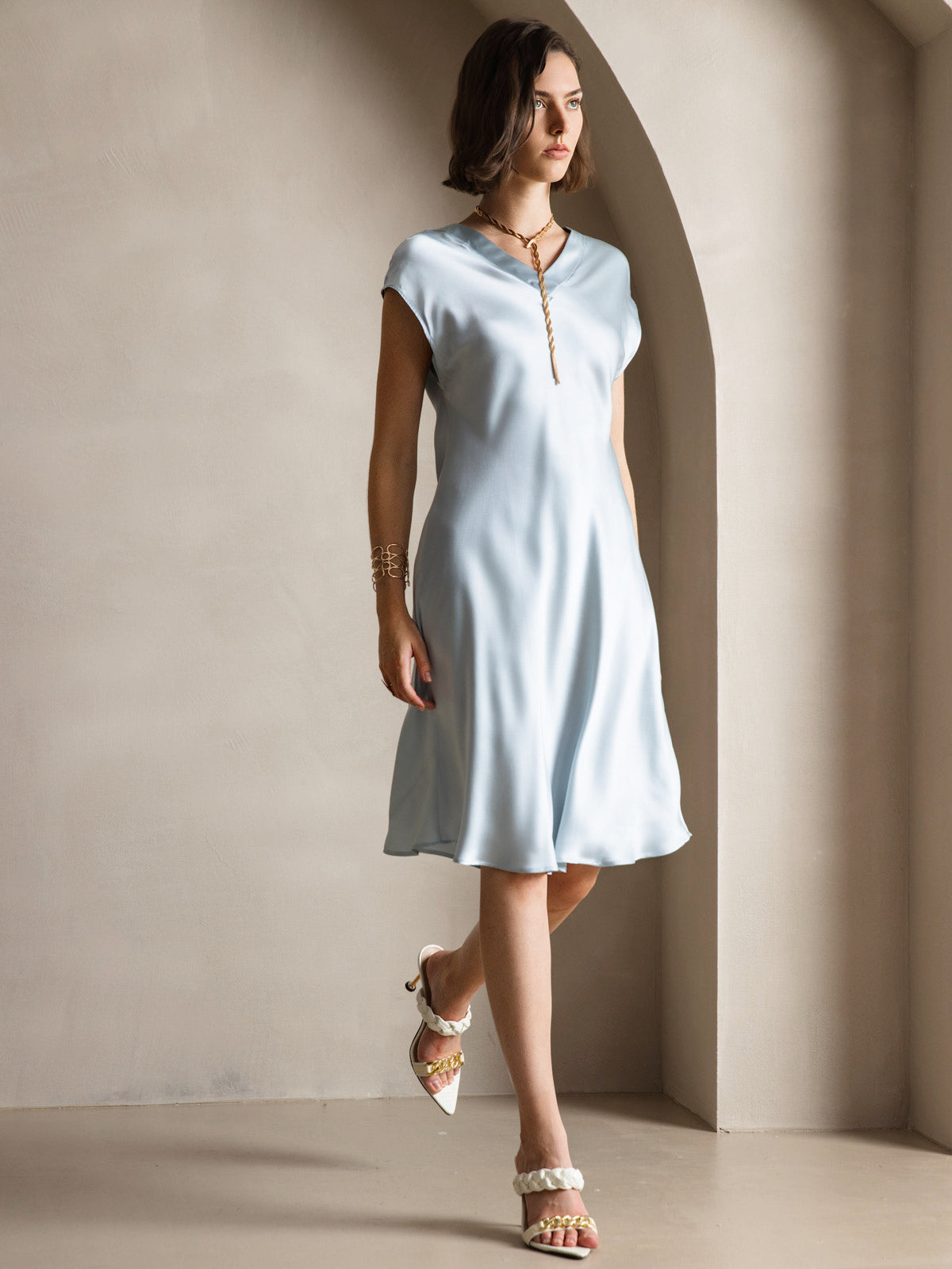 [Light Blue] SilkSilky Pure Silk Sleeveless V Neck Dress 006