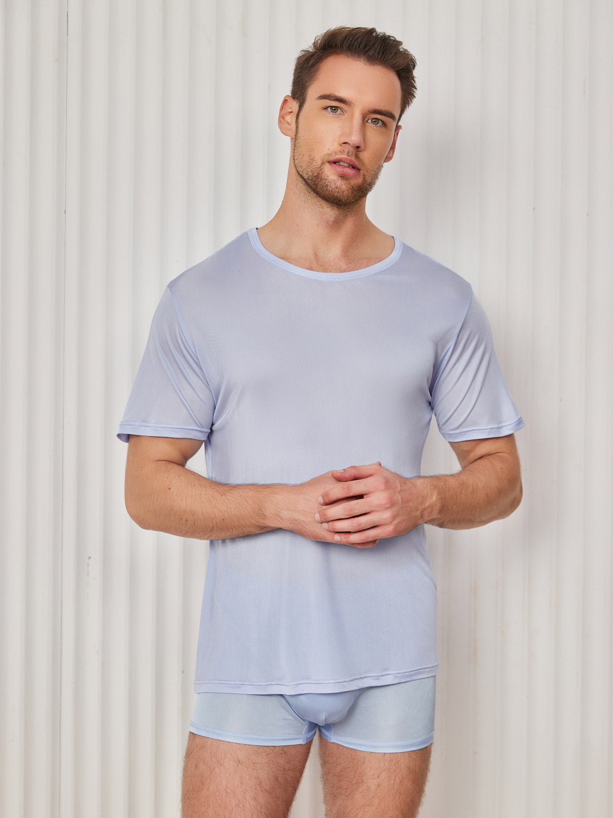 [Light Blue] SilkSilky Silk Knitted Short Sleeve Round Neck Men's T-Shirt 001