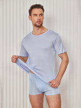 [Light Blue] SilkSilky  100% Silk Jersey Short Sleeve Crew Neck Men's T-Shirt 003