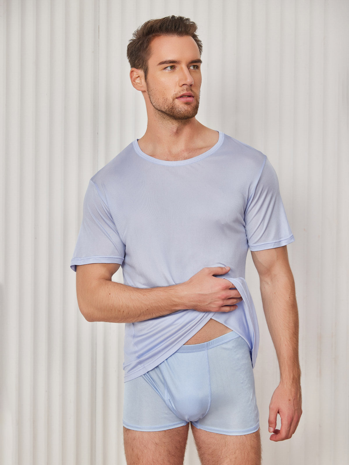 [Light Blue] SilkSilky Silk Knitted Short Sleeve Round Neck Men's T-Shirt 004
