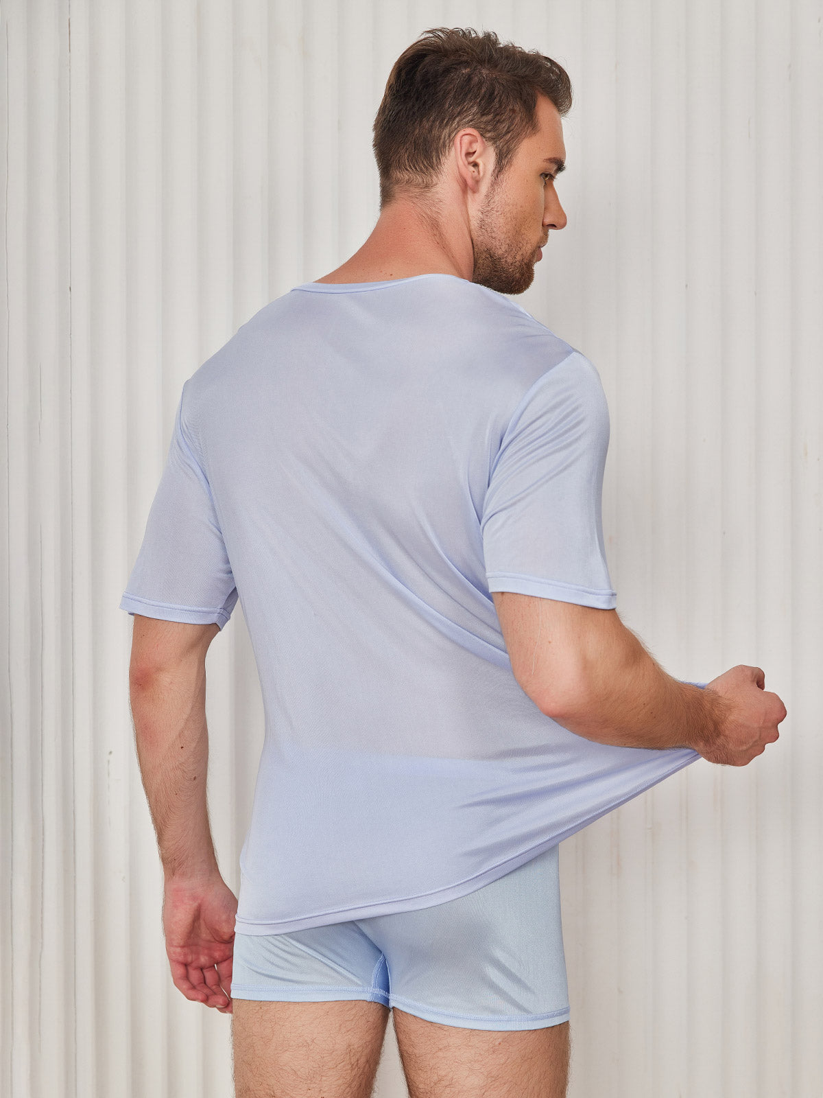 [Light Blue] SilkSilky Silk Knitted Short Sleeve V Neck Men's T-Shirt 002