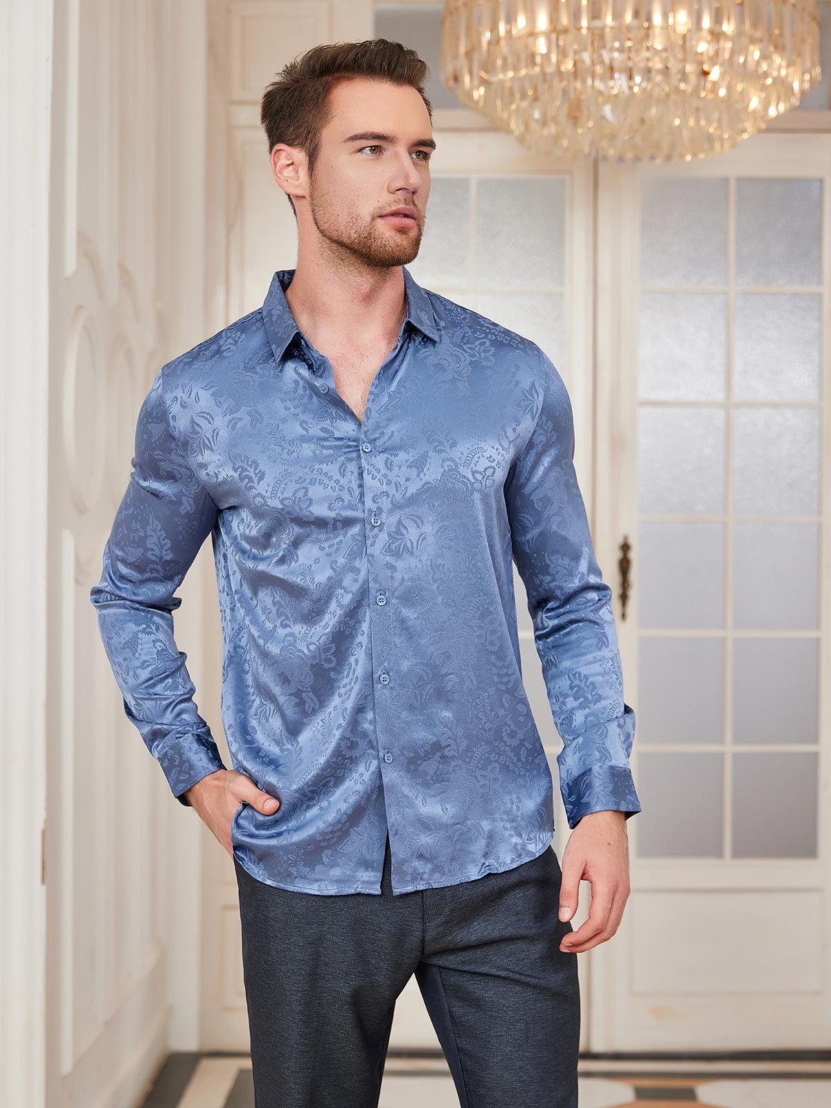 [Light Blue] SilkSilky Silk Long Sleeve Collar Men's Shirt 001