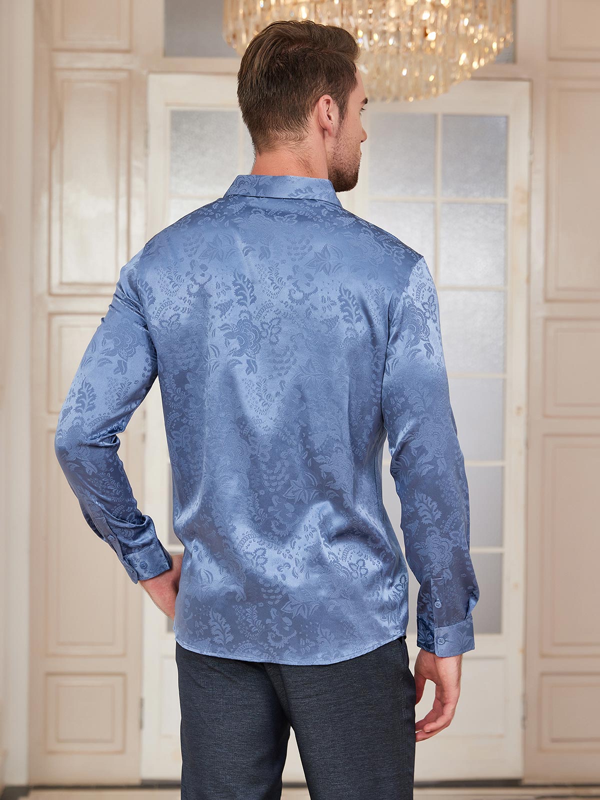 [Light Blue] SilkSilky Silk Long Sleeve Collar Men's Shirt 002