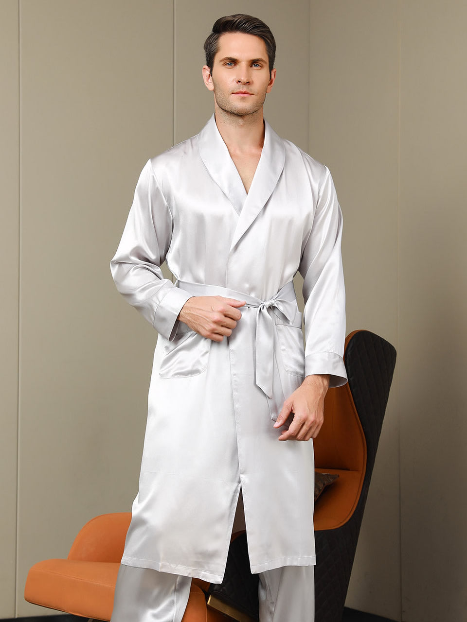[Light Gray] SilkSilky 19Momme Pure Silk Long Sleeve Lapel Men's Robe 001