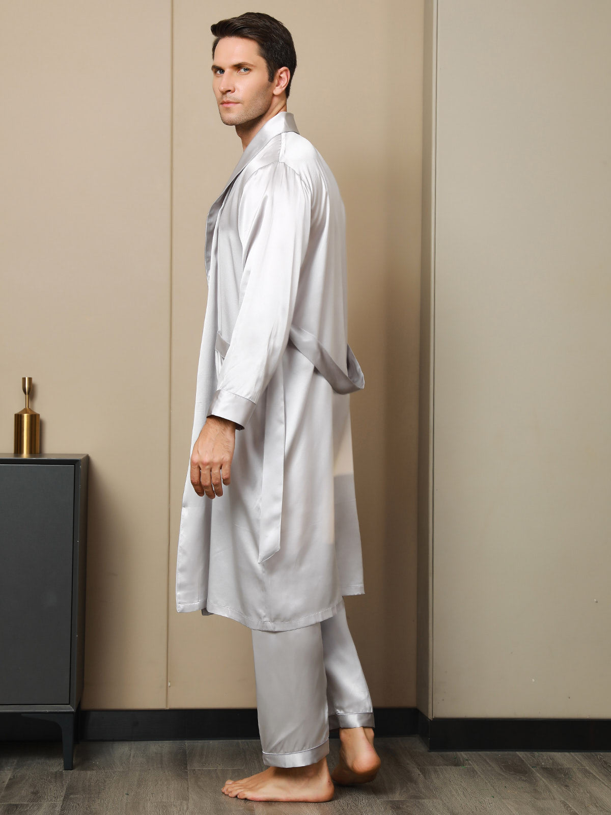 [Light Gray] SilkSilky 19Momme Pure Silk Long Sleeve Lapel Men's Robe 002