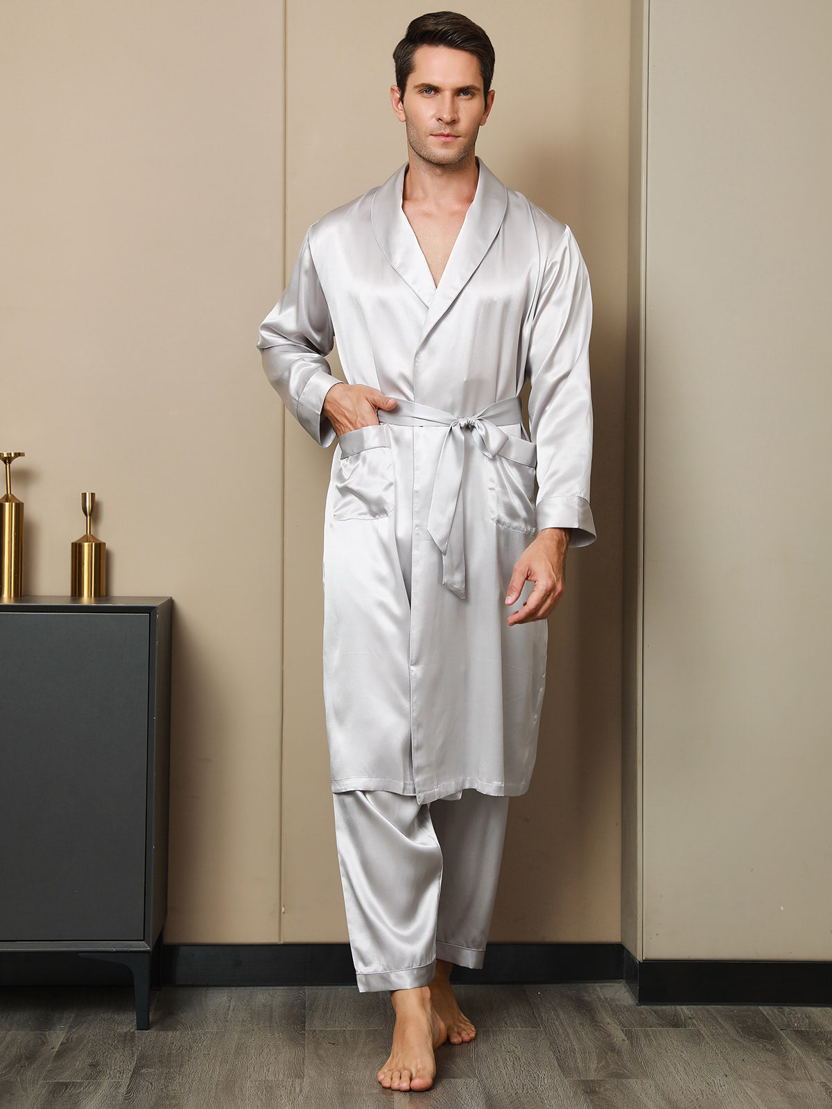 [Light Gray] SilkSilky 19Momme Pure Silk Long Sleeve Lapel Men's Robe 006