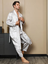 [Light Gray] SilkSilky  19Momme Pure Silk Long Sleeve Mens Robe 005