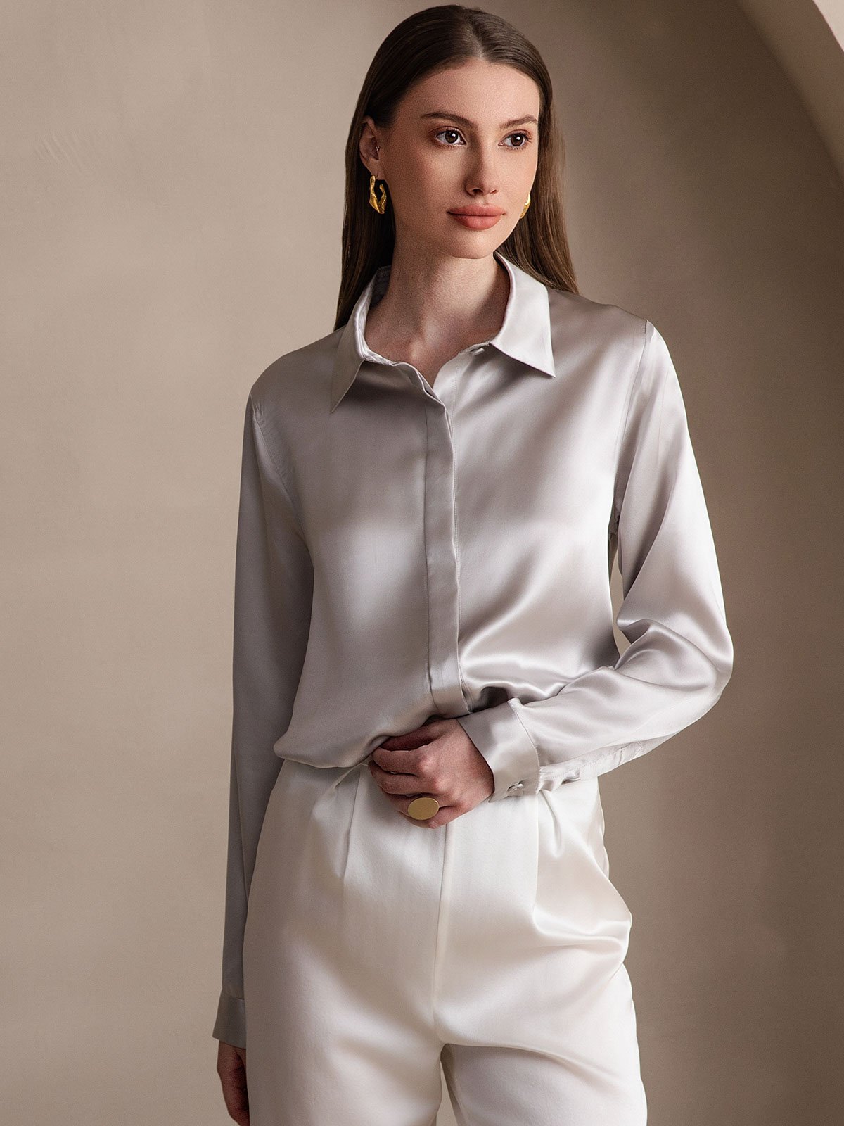 [Light Gray] SilkSilky  19Momme Silk Lapel Collar Women's Shirt 001