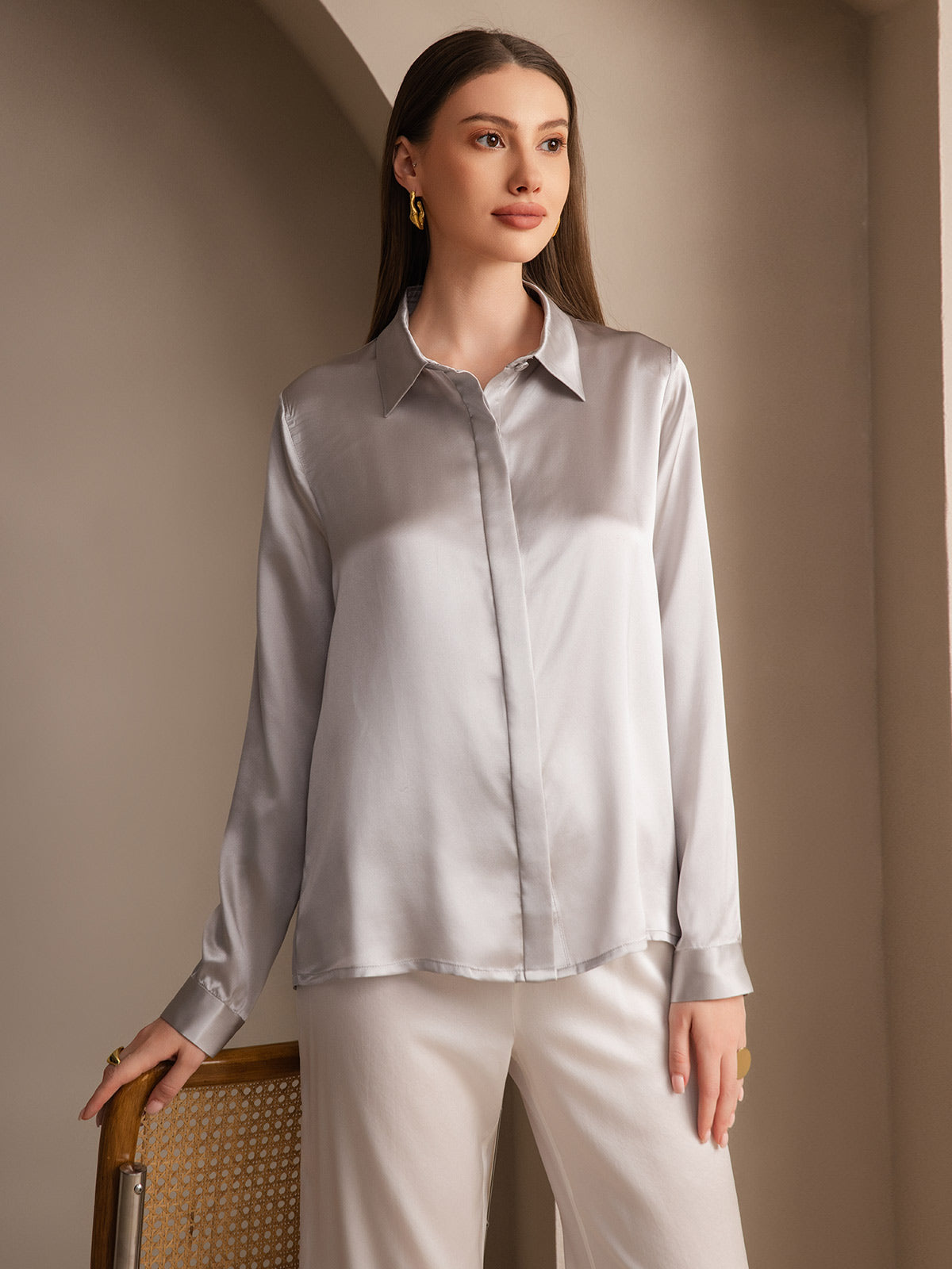 [Light Gray] SilkSilky  19Momme Silk Lapel Collar Women's Shirt 001
