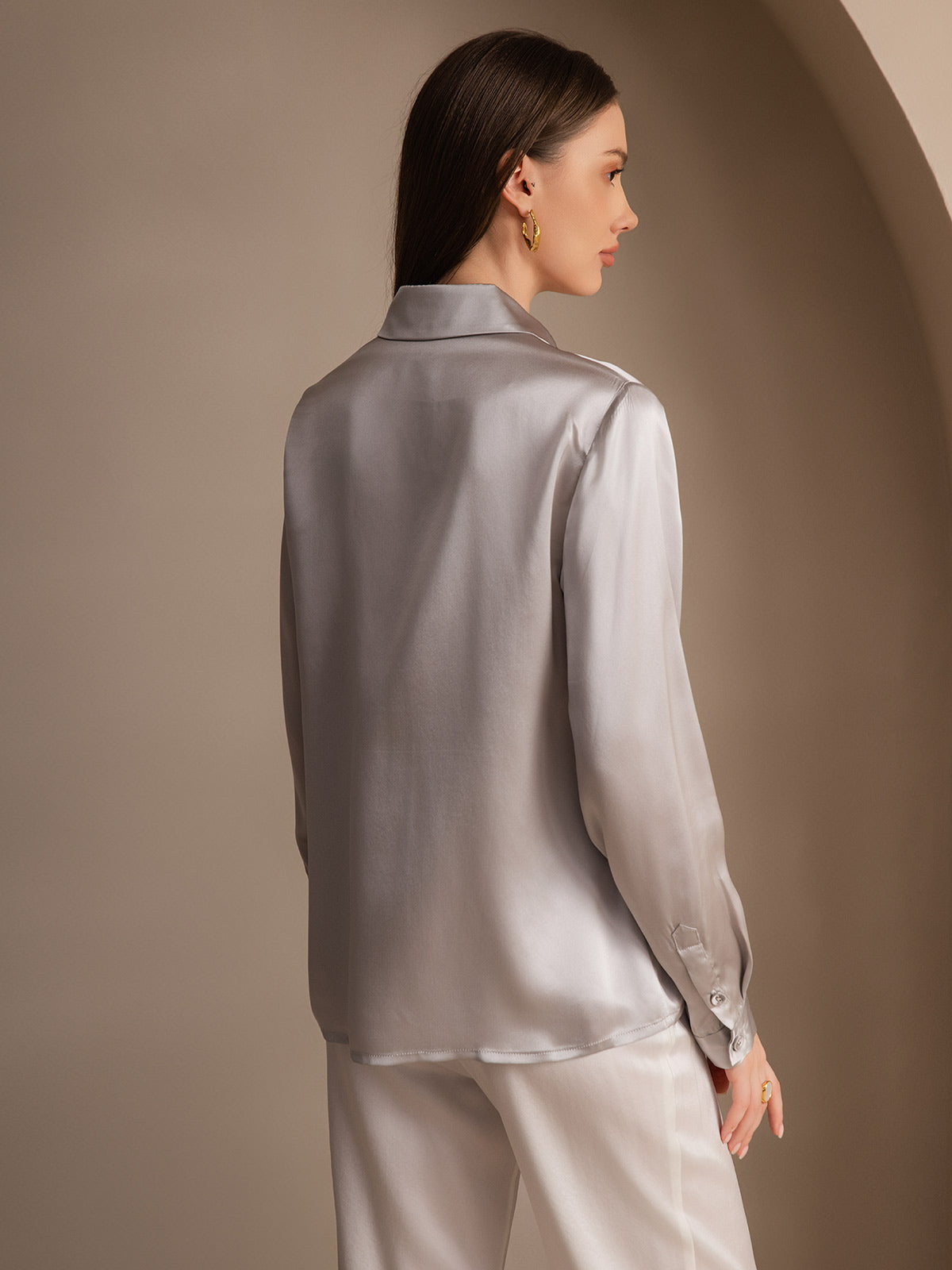 [Light Gray] SilkSilky  19Momme Silk Lapel Collar Women's Shirt 002
