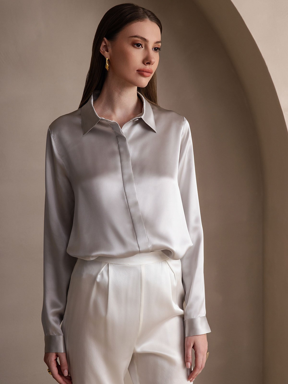 [Light Gray] SilkSilky  19Momme Silk Lapel Collar Women's Shirt 003