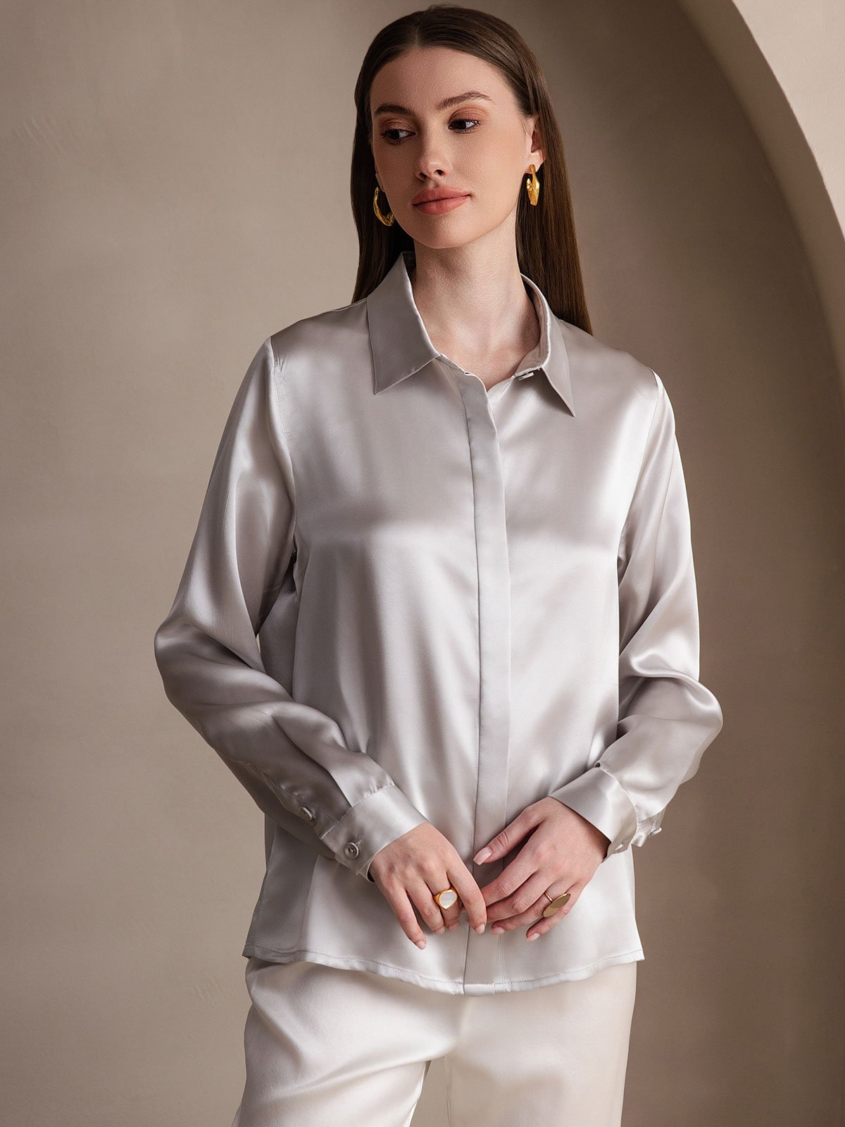 [Light Gray] SilkSilky  19Momme Silk Lapel Collar Women's Shirt 004