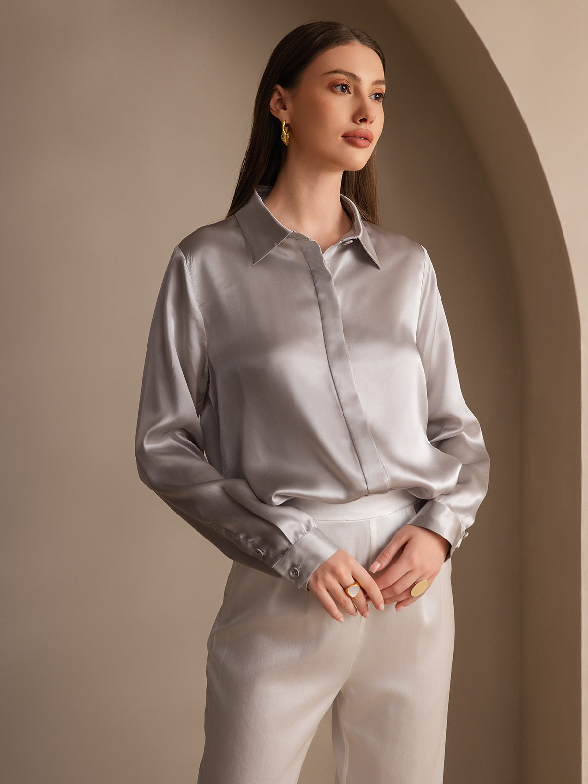 [Light Gray] SilkSilky  19Momme Silk Lapel Collar Women's Shirt 004