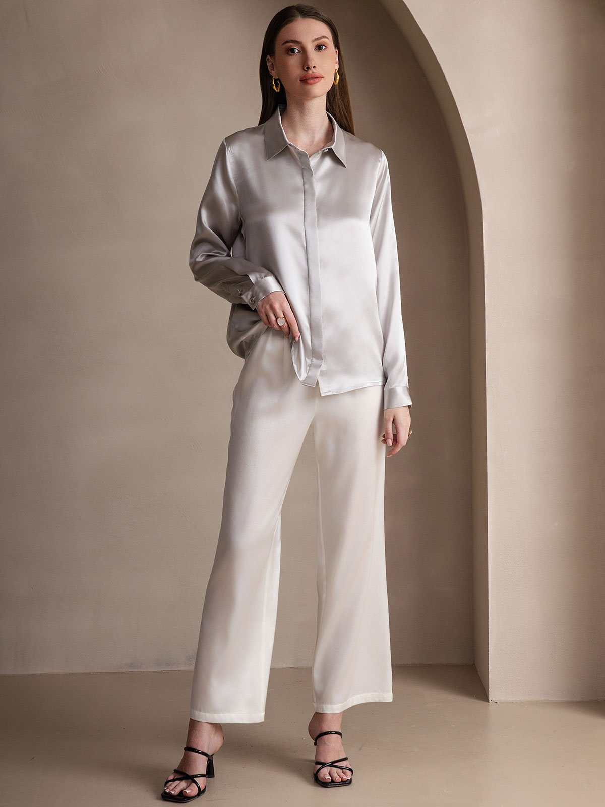 [Light Gray] SilkSilky  19Momme Silk Lapel Collar Women's Shirt 006