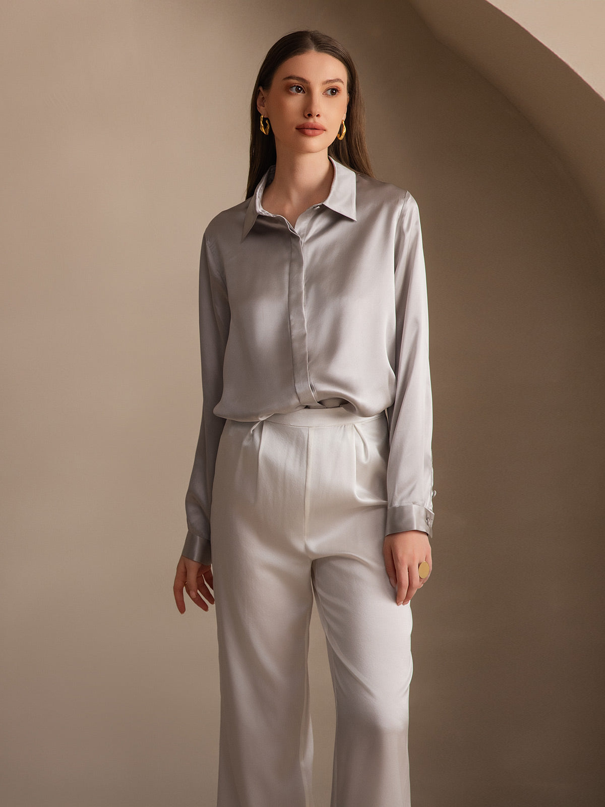 [Light Gray] SilkSilky  19Momme Silk Lapel Collar Women's Shirt 006