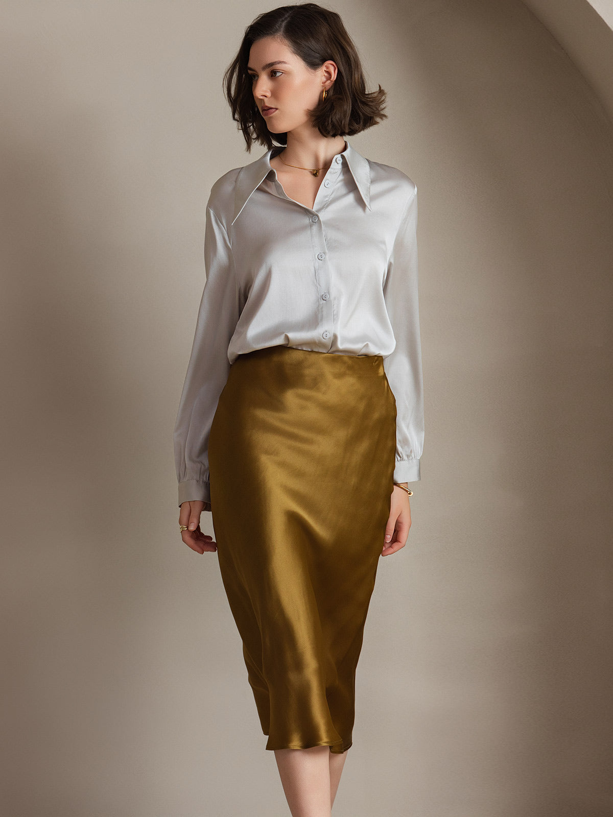 [Light Gray] SilkSilky  19Momme Long Sleeve Collar Women's Shirt 003