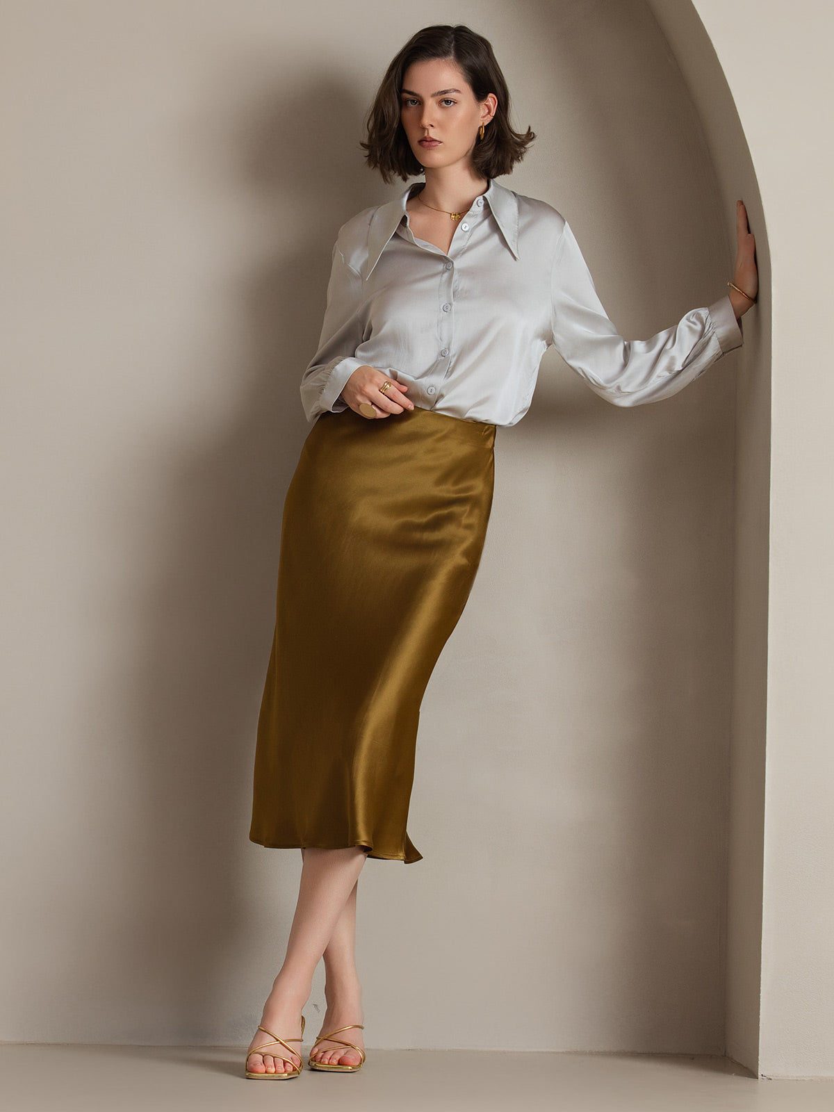 [Light Gray] SilkSilky  19Momme Long Sleeve Collar Women's Shirt 004