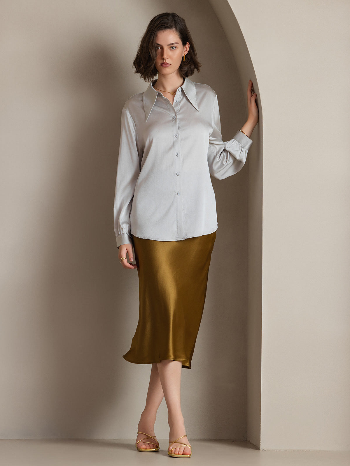 [Light Gray] SilkSilky  19Momme Long Sleeve Collar Women's Shirt 005