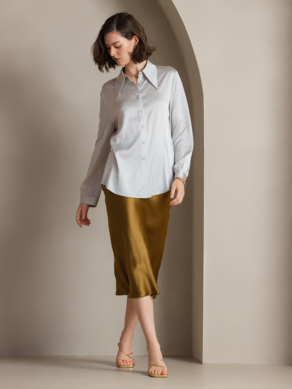 [Light Gray] SilkSilky  19Momme Long Sleeve Collar Women's Shirt 006