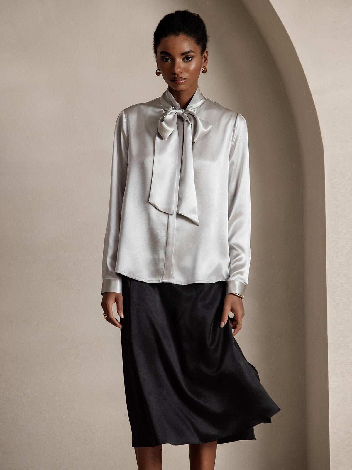 [Light Gray] SilkSilky 19Momme Silk Long Sleeve Tie Neck Women's Shirt 001