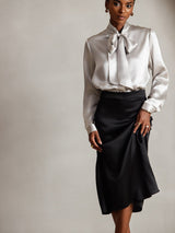 [Light Gray] SilkSilky  19Momme Stretch Silk Charmeuse Long Sleeve Tie Neck Blouse 001