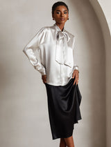 [Light Gray] SilkSilky  19Momme Stretch Silk Charmeuse Long Sleeve Tie Neck Blouse 003