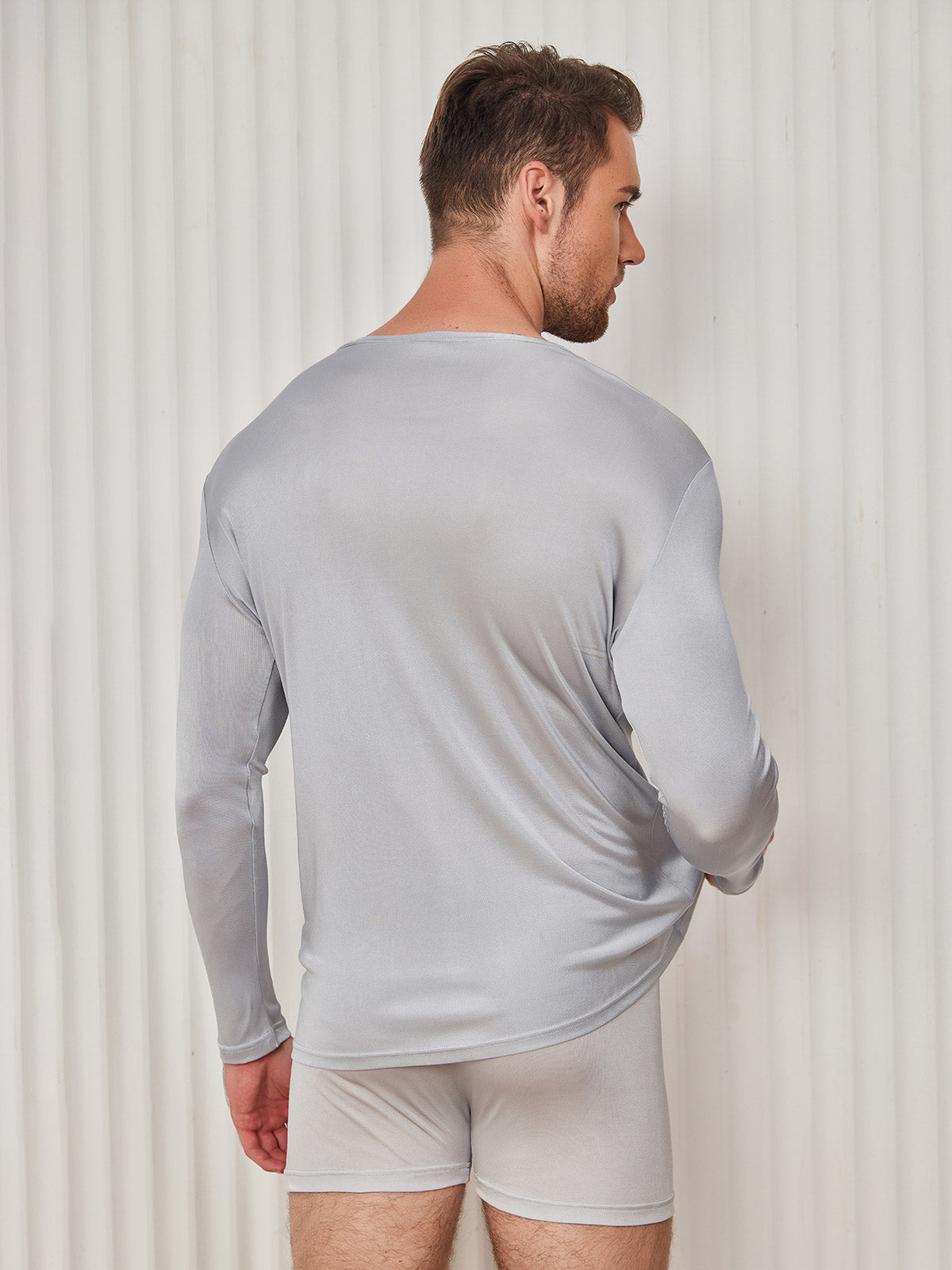 [Light Gray] SilkSilky Silk Knitted Long Sleeve Round Neck Men's T-Shirt 002