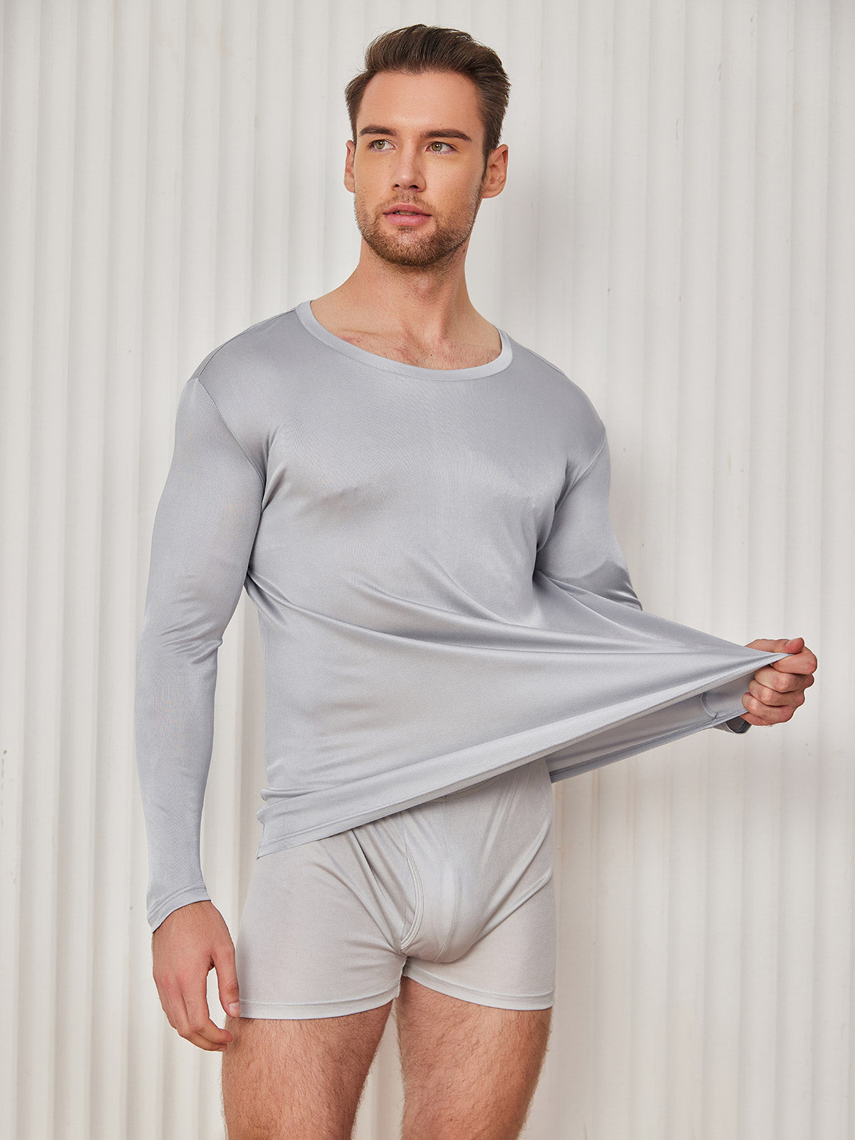 [Light Gray] SilkSilky Silk Knitted Long Sleeve Round Neck Men's T-Shirt 003