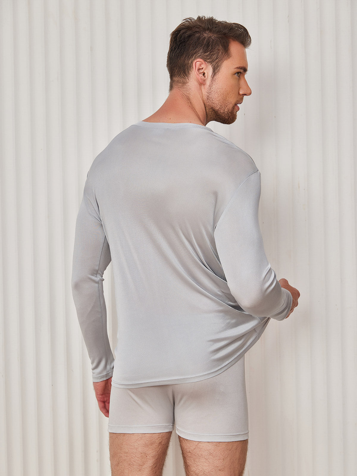 [Light Gray] SilkSilky Silk Knitted Long Sleeve V Neck Men's T-Shirt 002