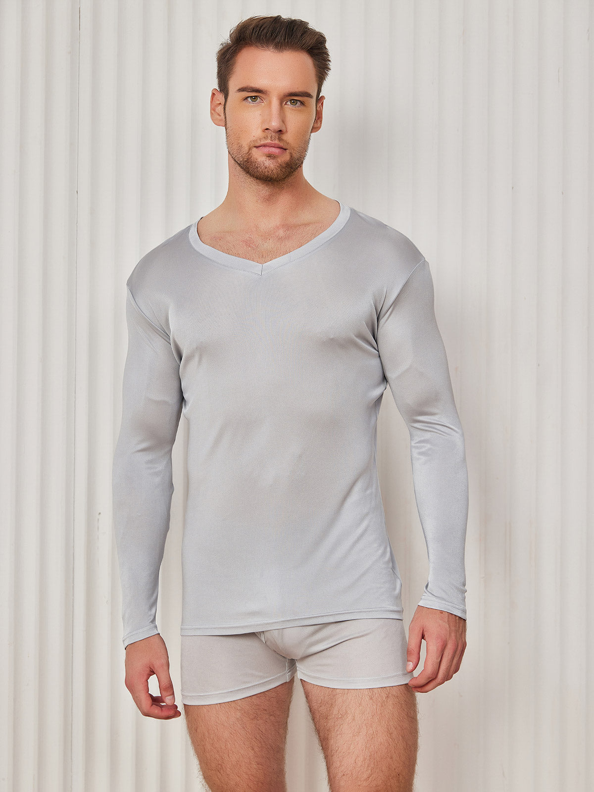 [Light Gray] SilkSilky Silk Knitted Long Sleeve V Neck Men's T-Shirt 003