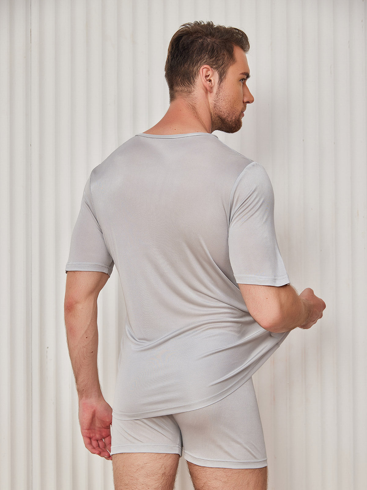 [Light Gray] SilkSilky Silk Knitted Short Sleeve V Neck Men's T-Shirt 002