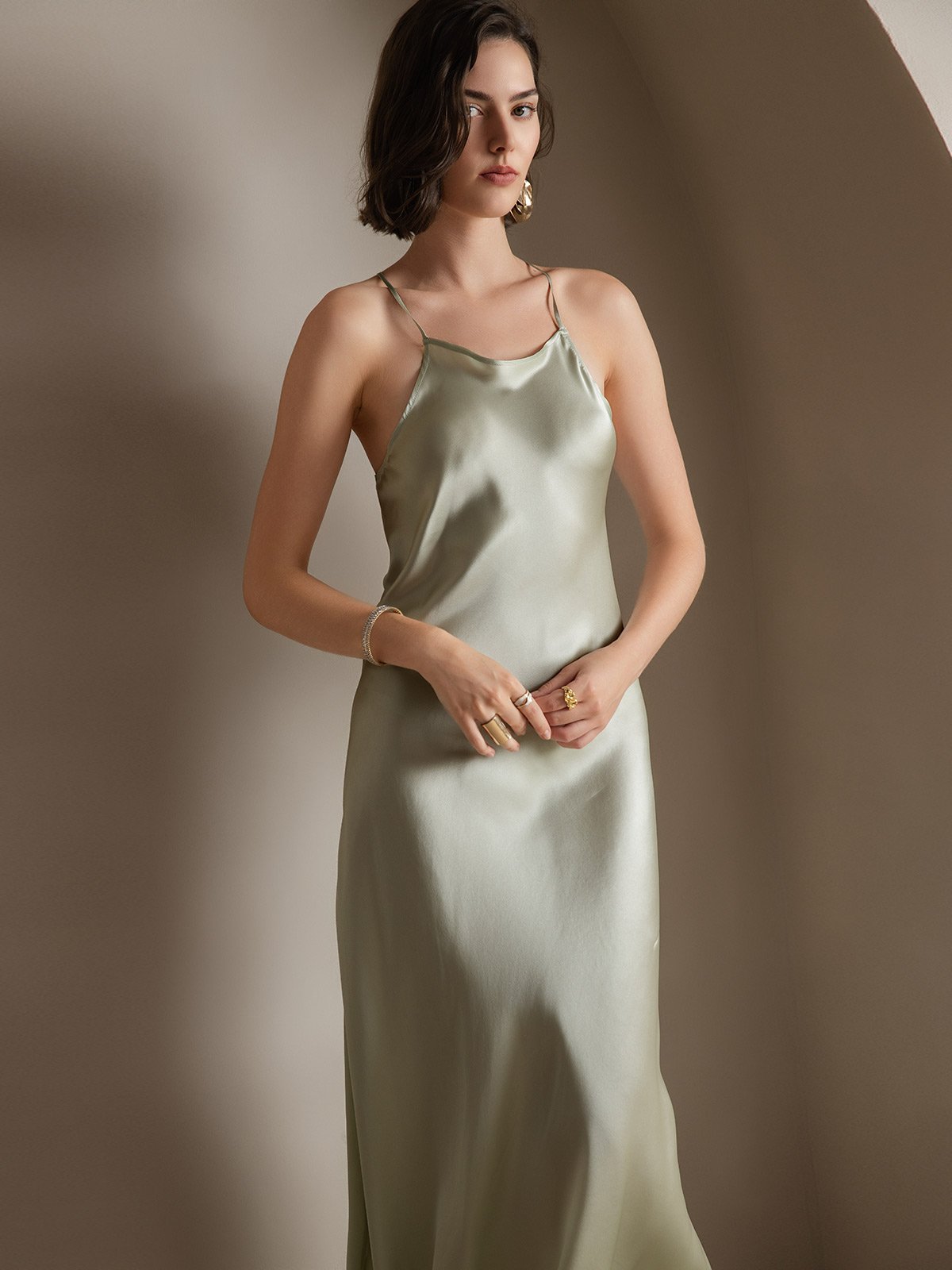 [Light Green] SilkSilky 19Momme Silk Sleeveless Dress 008