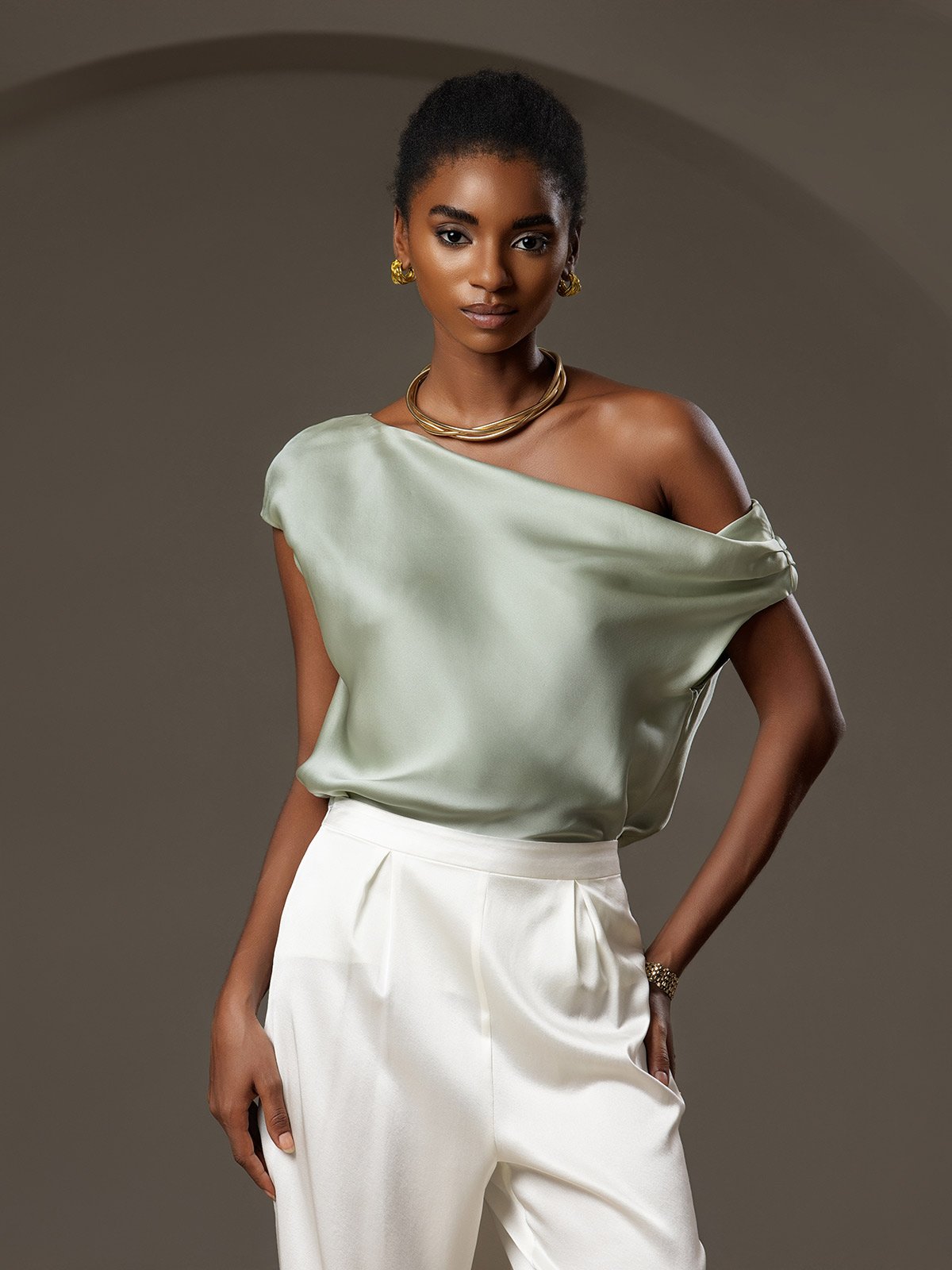 [Light Green] SilkSilky 19Momme Silk Sleeveless One Shoulder Women's T-Shirt 001