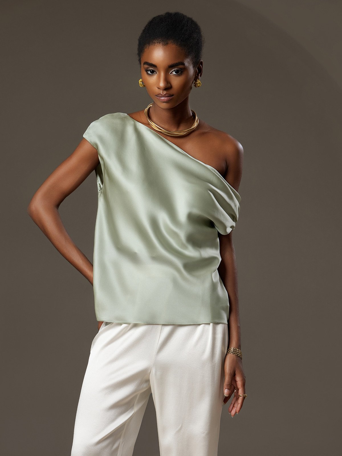 [Light Green] SilkSilky 19Momme Silk Sleeveless One Shoulder Women's T-Shirt 003