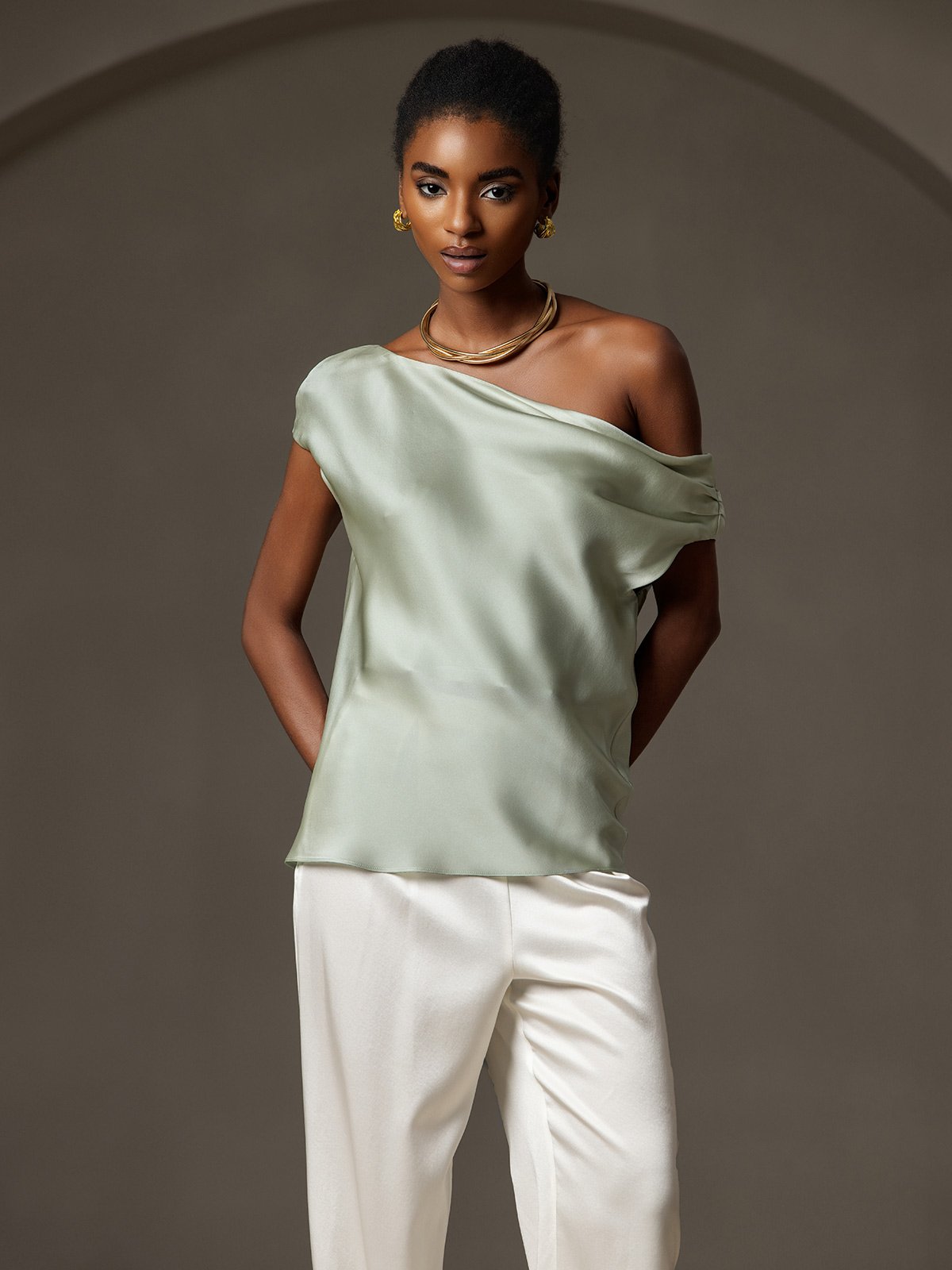 [Light Green] SilkSilky 19Momme Silk Sleeveless One Shoulder Women's T-Shirt 004