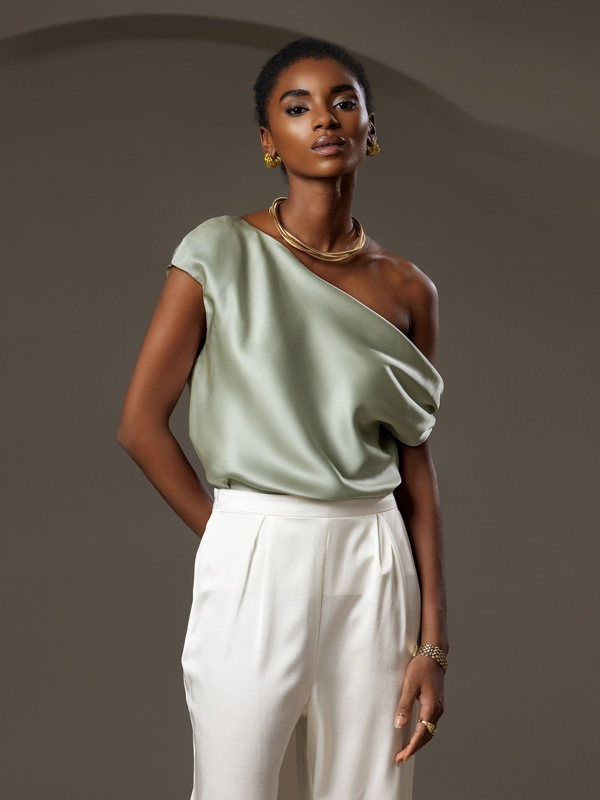 [Light Green] SilkSilky 19Momme Silk Sleeveless One Shoulder Women's T-Shirt 005