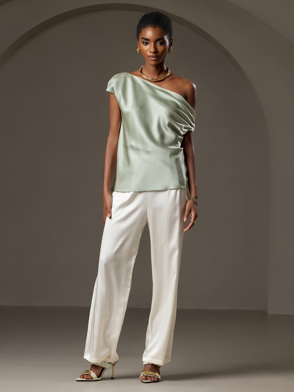 [Light Green] SilkSilky 19Momme Silk Sleeveless One Shoulder Women's T-Shirt 006